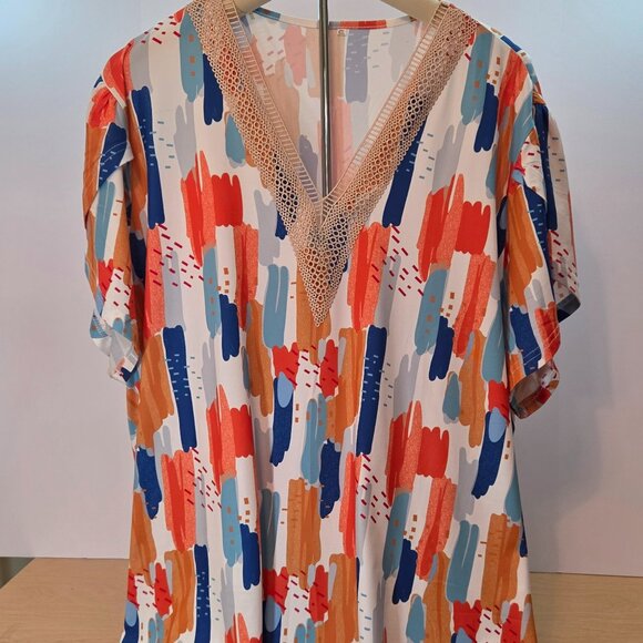 Women's Bold Abstract Multicolor Print V-Neck Blouse, 4XL - Picture 1 of 11